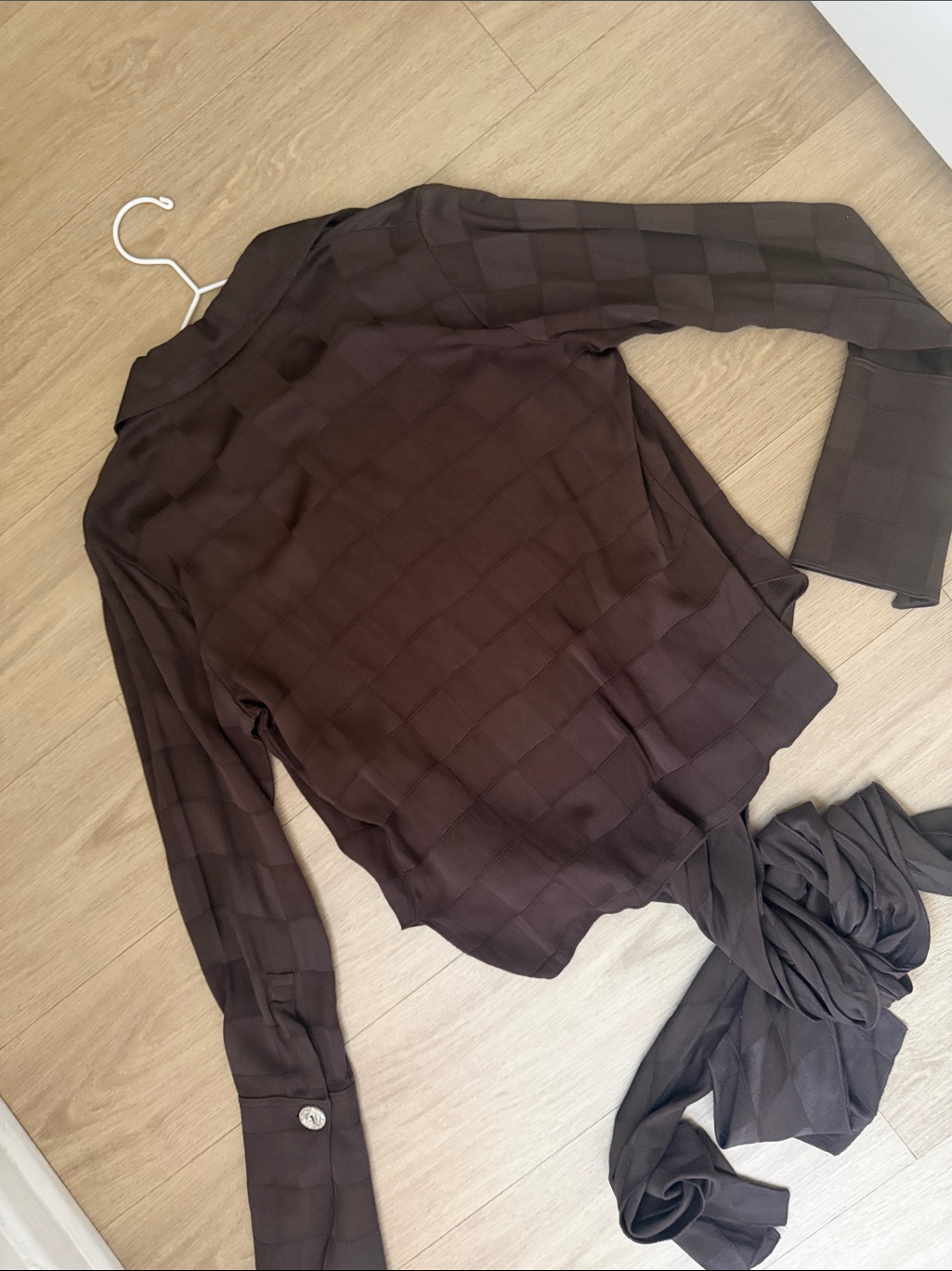 The Line By K Jett Wrap Long-Sleeve Top W/ Subtle Checker Print, Chocolate Brown — image 5 of 6